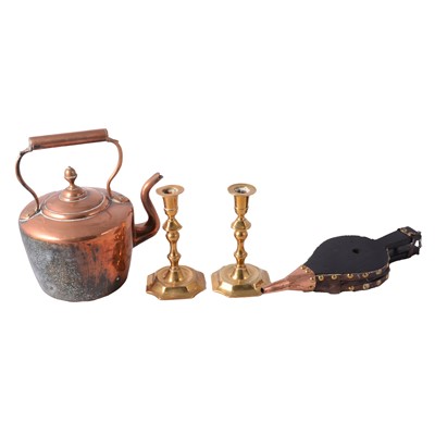 Lot 130 - Pair of Georgian brass candlesticks, and other metalwares