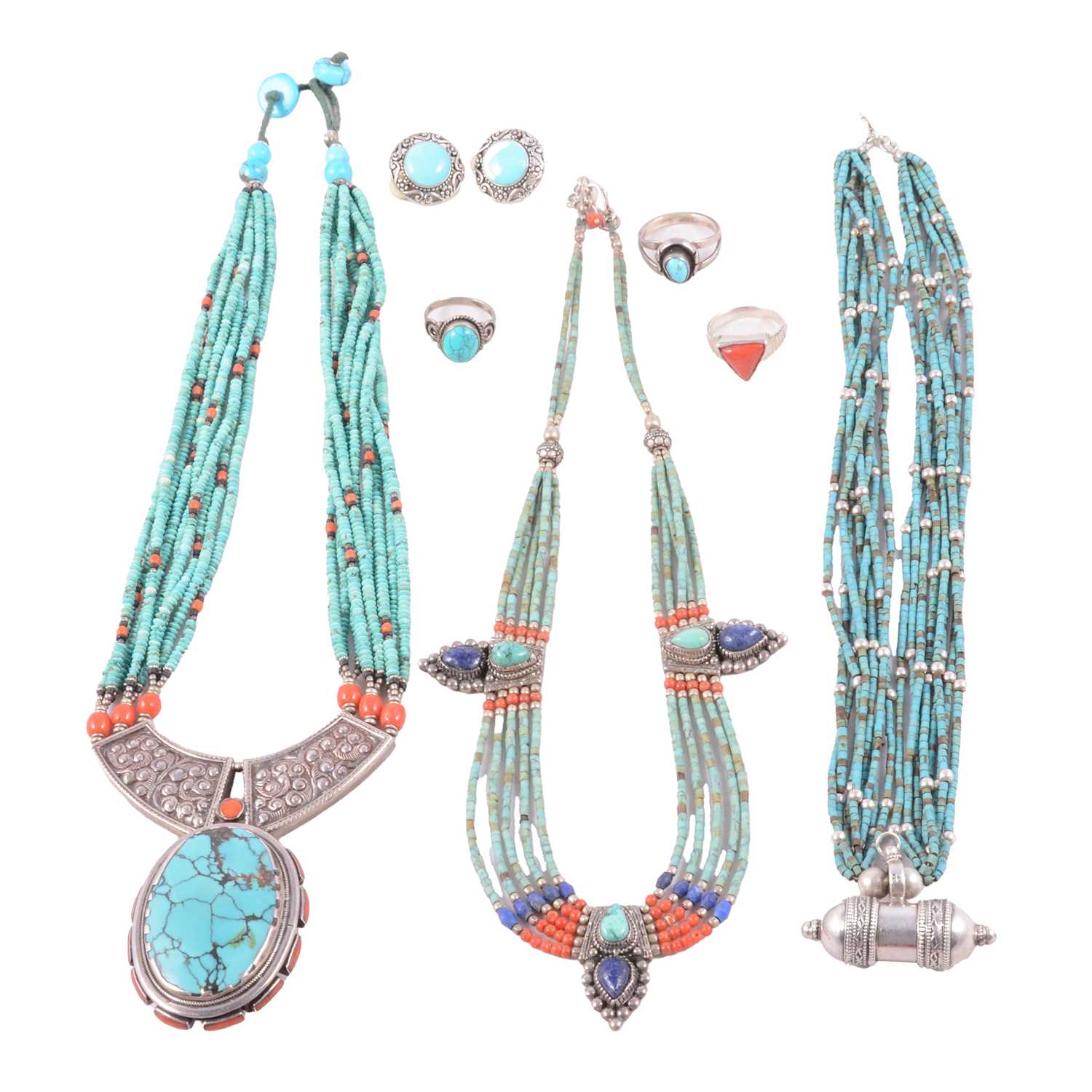 Lot 338 - Two turquoise and white metal necklaces, and