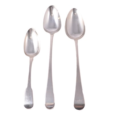 Lot 213 - Georgian silver basting spoon, Thomas Northcote, London 1785, and two others.