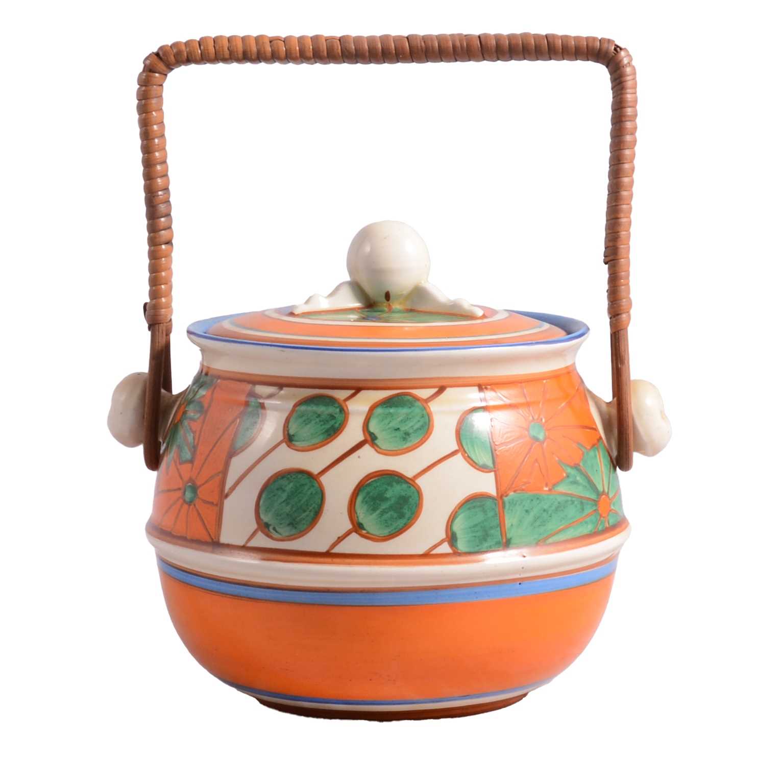 Lot 10 - Clarice Cliff, Umbrellas, a biscuit barrel