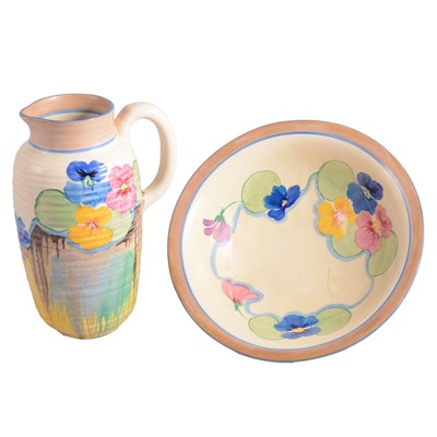 Lot 36 - Clarice Cliff, Delicia Pansies, a Greek jug and three-footed bowl