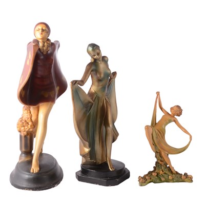 Lot 68 - Art Deco Scarf Dancer, patinated metal sculpture, and three other Deco style figures