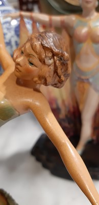 Lot 95 - Art Deco Scarf Dancer, patinated metal sculpture, and three other Deco style figures