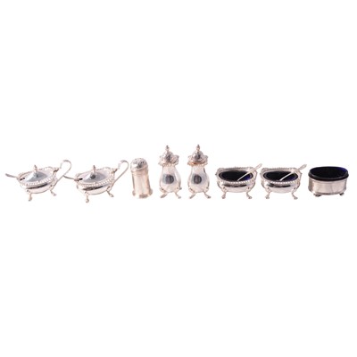 Lot 242 - Silver double condiments set, Roberts & Dore Ltd., London 1978, and other silver condiments.