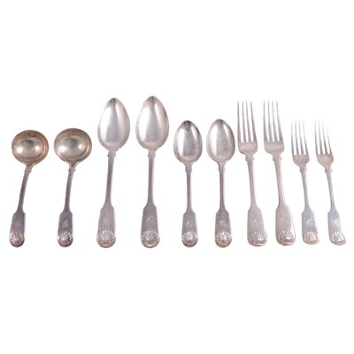 Lot 93 - Matched canteen of Fiddle and Shell pattern cutlery, mostly Francis Higgins & Son Ltd.