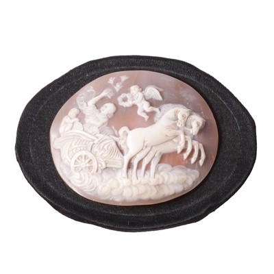 Lot 179 - Italian carved shell cameo, Aurora in a chariot with cherub.