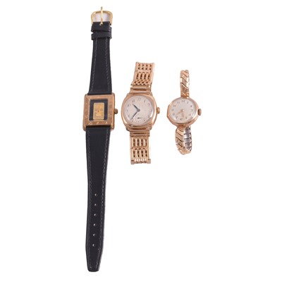 Lot 1196 - Two 9ct gold cased wristwatches, and a watch with 1g fine gold dial