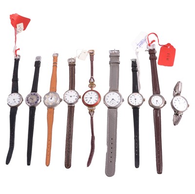 Lot 1222 - Nine silver and other cased wristwatches, trench style