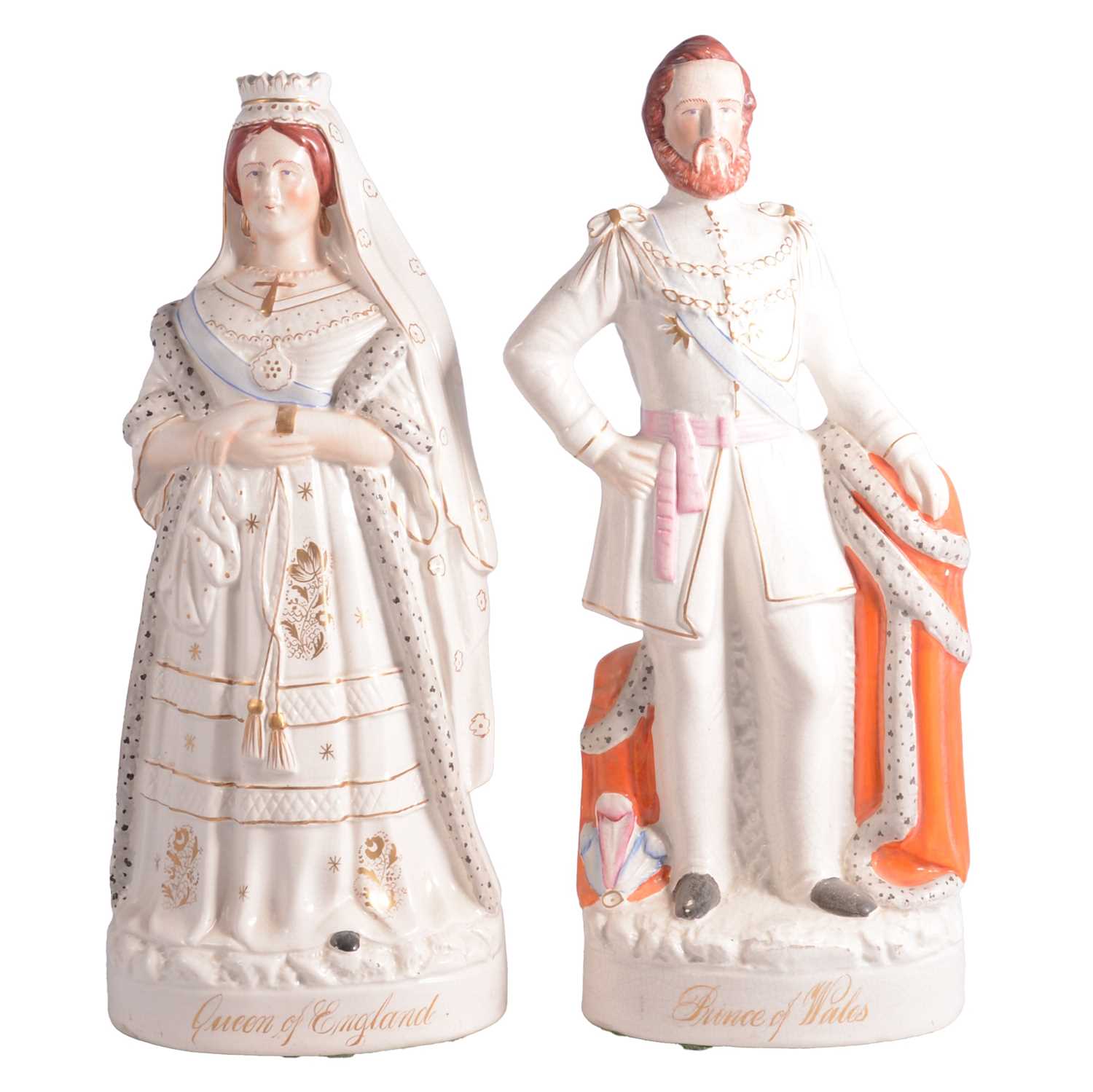 Lot 53 - Pair of Victorian Staffordshire pottery figures, The Queen of England and Prince of Wales