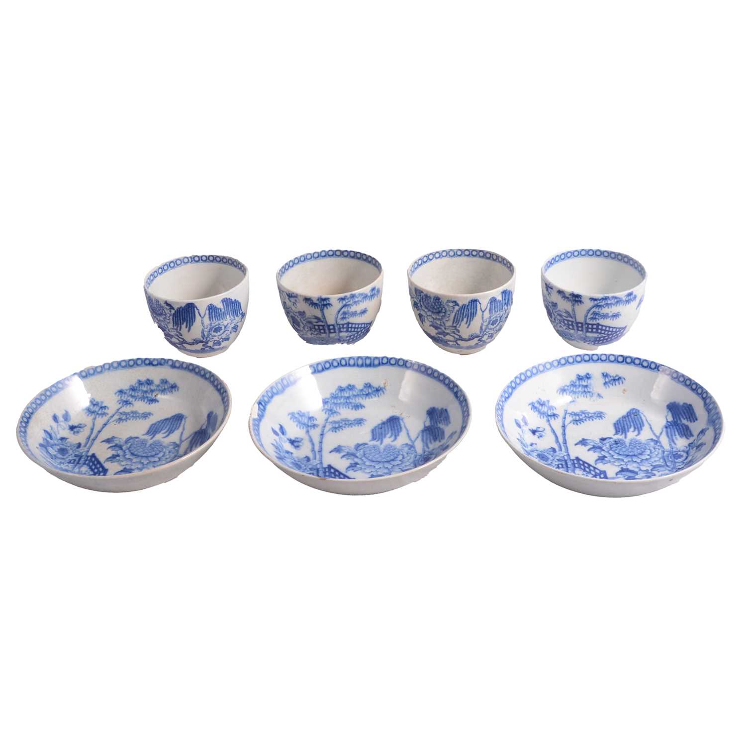 Lot 43 - Three soft paste porcelain tea bowls and saucers and another tea bowl, possibly Liverpool