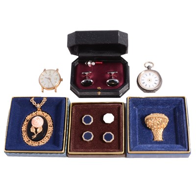 Lot 524 - Albert watch chain, white metal fob watch, pendant, wristwatch, and costume jewellery.