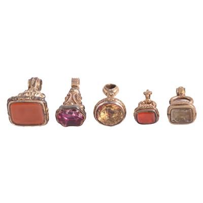 Lot 368 - Five gemset gold-plated seal fobs.