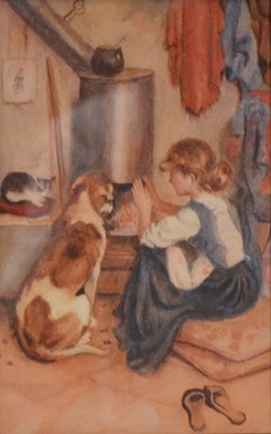 Lot 265 - English School, Girl and dog by a stove, Arts & Crafts copper frame
