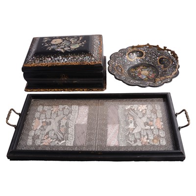 Lot 93 - Victorian papier-mache work box, bowl and a tray set with an embroidered silk panel