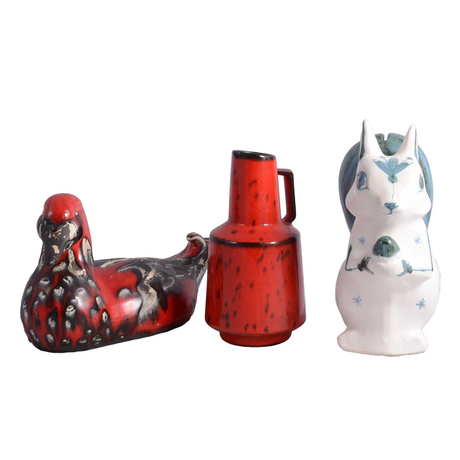 Lot 28 - David Sharp for Rye signed pottery red duck money box, squirrel money box and a continental red vase.