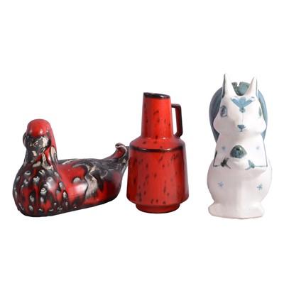 Lot 28 - David Sharp for Rye signed pottery red duck money box, squirrel money box and a continental red vase.