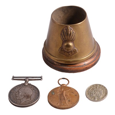 Lot 253 - Medals - WW1 pair, For Loyal Service cap badge, brass military paperweight.