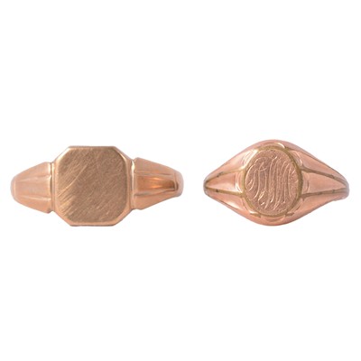 Lot 119 - A 9 carat yellow gold signet ring, and a gold-plated signet ring.