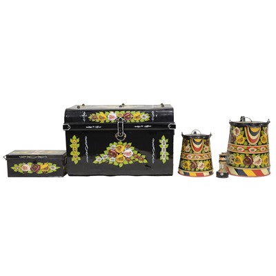 Lot 406 - Small group of painted metal canalware, two Buckby water cans, painted tin trunk, cash box, small oil lamp.