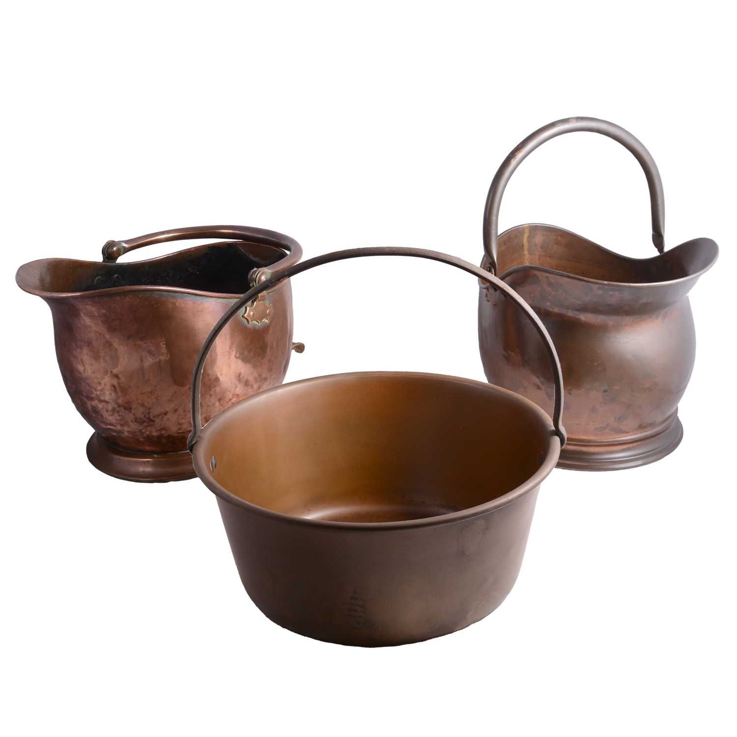 Lot 129 - Copper and brass; Five warming pans, a heavy brass jam pan and one other, three coal scuttles