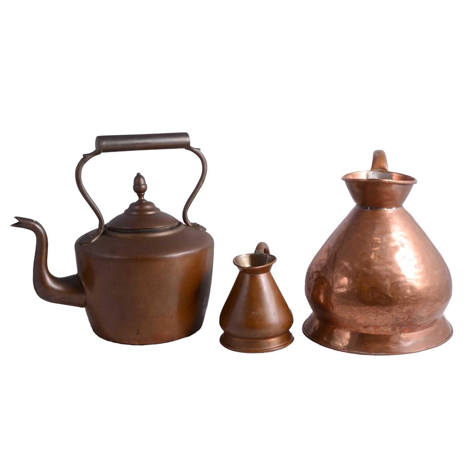 Lot 128 - Five various copper graduating haystack measures and a copper kettle
