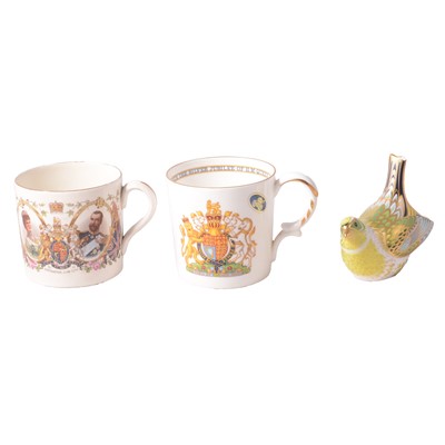 Lot 21 - Royal Crown Derby greenfinch and two Royal commemorative mugs