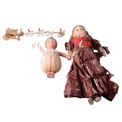 Lot 118 - 19th Century wax head doll, a powder doll and a model Coronation Coach
