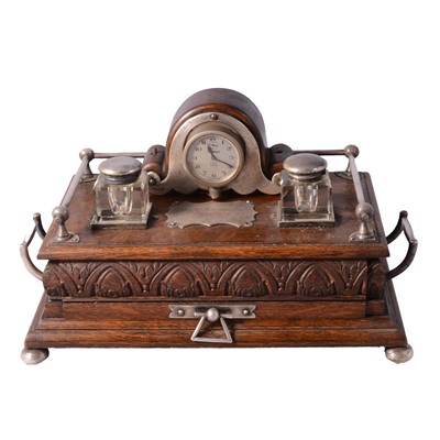 Lot 141 - Late Victorian oak and silver plated desk stand