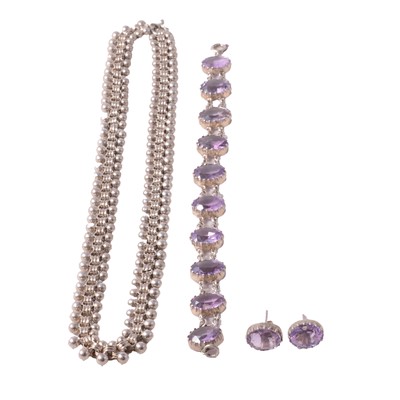 Lot 430 - A Victorian silver coloured necklace, amethyst bracelet and pair of earrings.