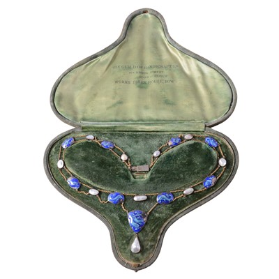 Lot 291 - The Guild of Handicrafts enamel and pearl necklace.