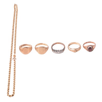 Lot 149 - Gold rings and a broken chain.