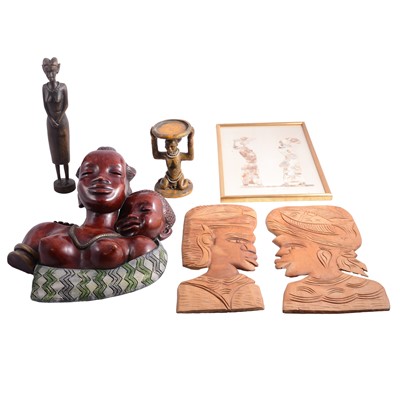 Lot 101 - Pair of carved African busts and other sculptures
