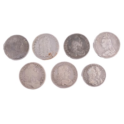 Lot 265 - Seven silver coins, Charles II, William & Mary, Victoria