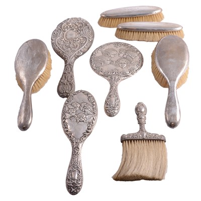 Lot 330 - Collection of silver-backed and ebony-backed dressing table brushes and hand mirrors.