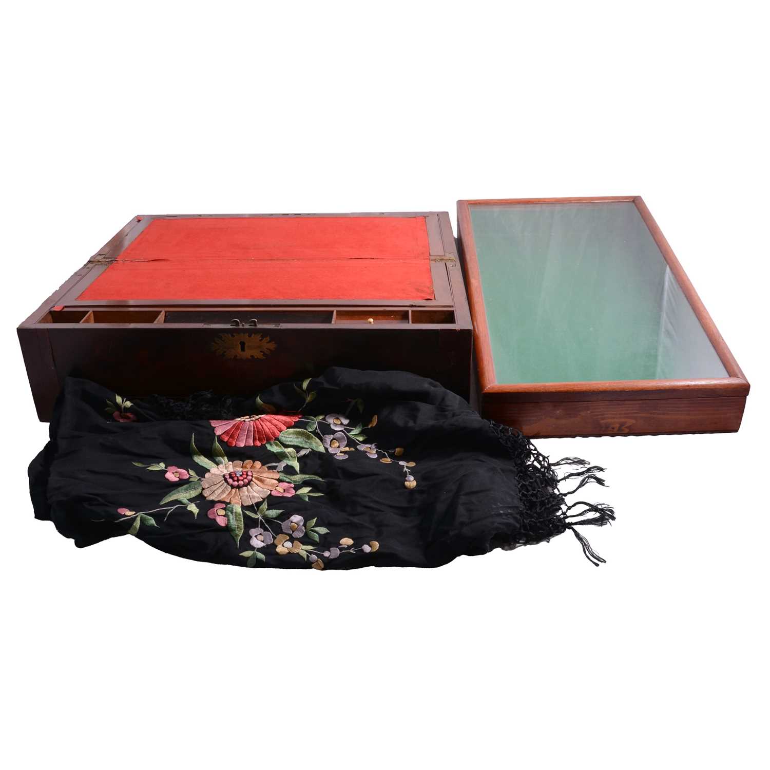 Lot 105 - A mahogany writing box, small glass top display table cabinet and black embroidered shawl.