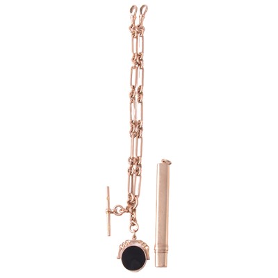 Lot 358 - A 9 carat yellow gold double Albert watch chain and fob, Mordan pencil