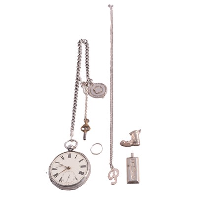 Lot 1124 - Silver open face pocket watch, Albert watch chain, pendants, and other white metal jewellery.