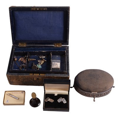 Lot 455 - Yellow metal, silver, white metal and metal stick pins, cufflinks, and jewellery, in a jewel box.