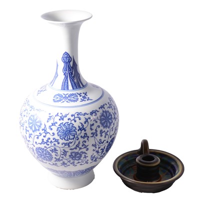 Lot 70 - Modern blue and white Chinese vase, and a Gouda Pottery candlestand