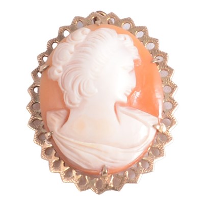Lot 246 - An oval carved shell cameo brooch and a 9 carat gold yellow gold chain necklace with T bar.