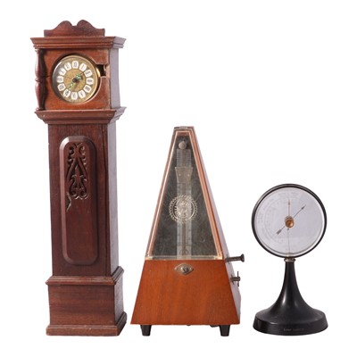 Lot 164 - Car clock, pigeon clock, table clock, two barometers, metronome and a set of scales