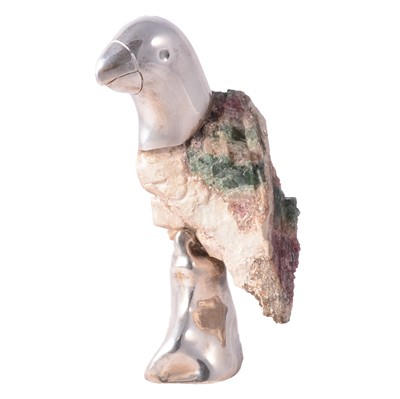 Lot 256A - Brazilian white metal and hardstone ornamental Parrot