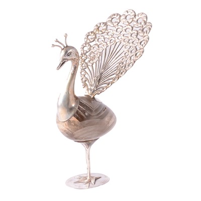 Lot 256B - South American white metal and hardstone ornamental peacock