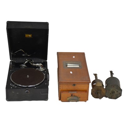 Lot 445 - HMV portable gramophone, Edwardian till, and two meat jacks