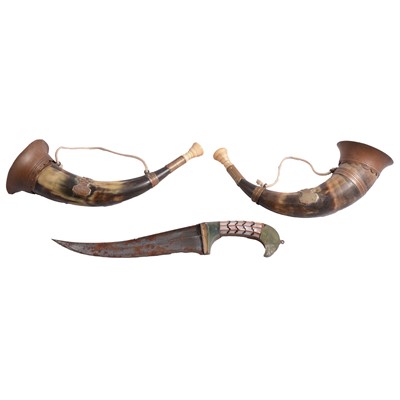 Lot 251 - pair of French horn horns and a Turkish knife