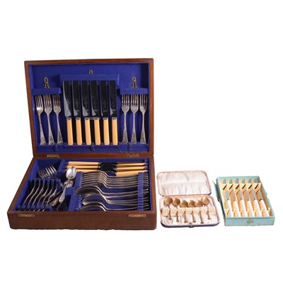 Lot 124 - Set of six Russian silver gilt and enamelled spoons, silver plated wares, etc.