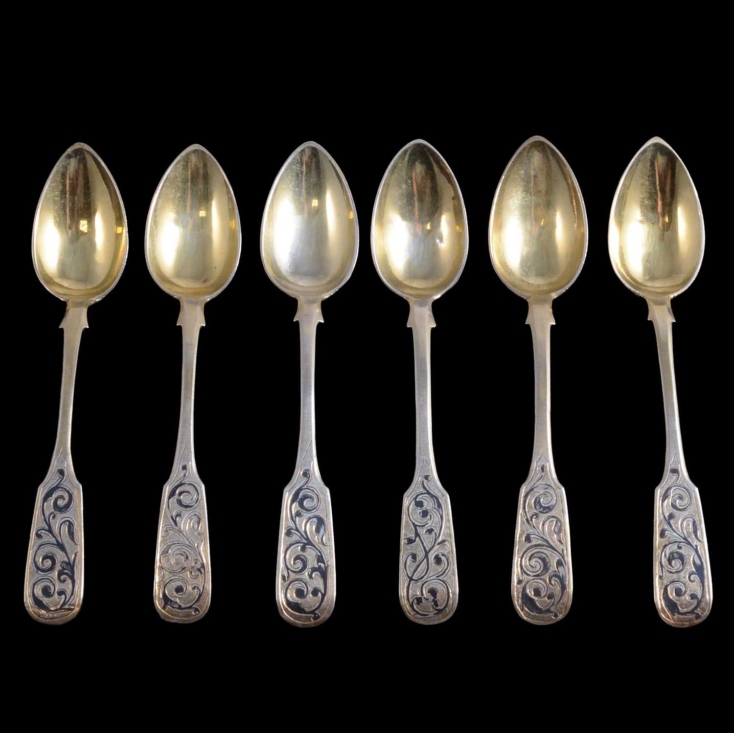 Lot 124 - Set of six Russian silver gilt and enamelled spoons, silver plated wares, etc.