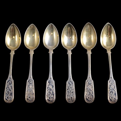 Lot 124A - Set of six Russian silver gilt and enamelled spoons, silver plated wares, etc.