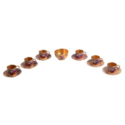 Lot 29 - Set of six Royal Worcester fruit painted coffee cans and saucers, and a sugar bowl