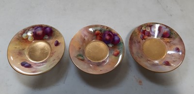 Lot 29 - Set of six Royal Worcester fruit painted coffee cans and saucers, and a sugar bowl